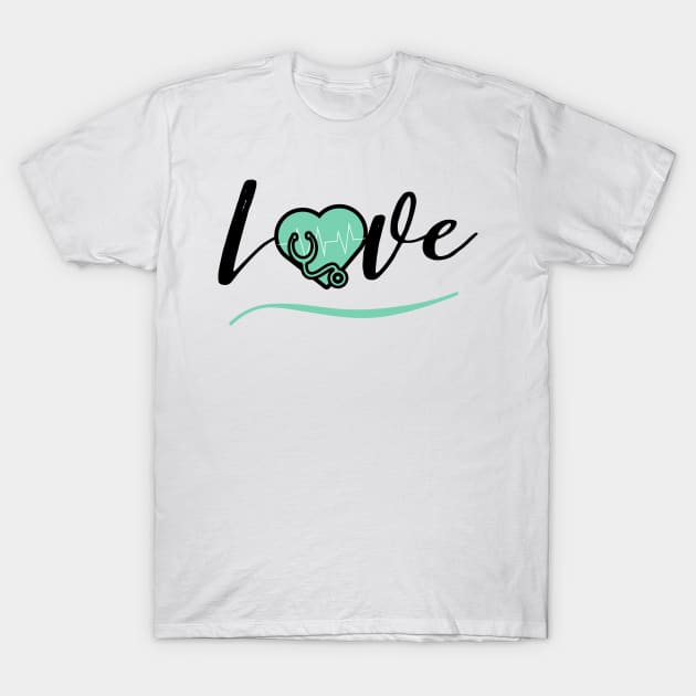 Love medicine black text design with green heart stethoscope and heartbeat T-Shirt by BlueLightDesign